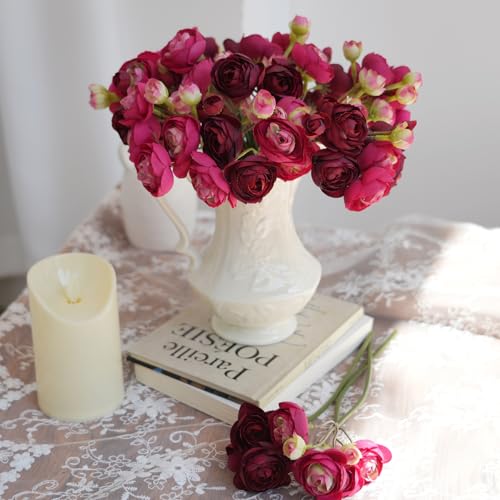18 Pcs Ranunculus Artificial Flowers Burgundy Mini Faux Ranunculus Flowers Real Touch for Wedding DIY Bouquets Home Decor Arrangements - color: Vine Red