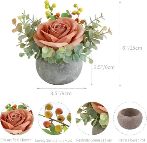 Small Artificial 2pcs Orange Rose Potted Plant, 6" Fake Silk Flowers in 3.5" Round Pot, Mini Faux Floral Arrangement for Desk Shelf Bathroom Decor - color: 2pcs Orange