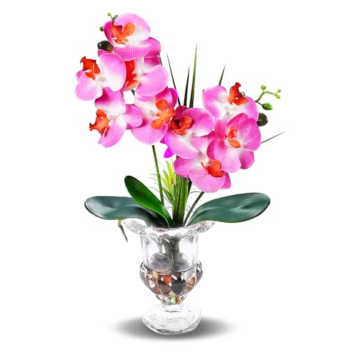 Jusdreen Artificial Purple Orchid Centerpiece, 14.5 Inch Phalaenopsis in Glass Vase with Potting for Home Office Table Decor, Realistic Orchid Arrangement - color: Wine Glass-purple