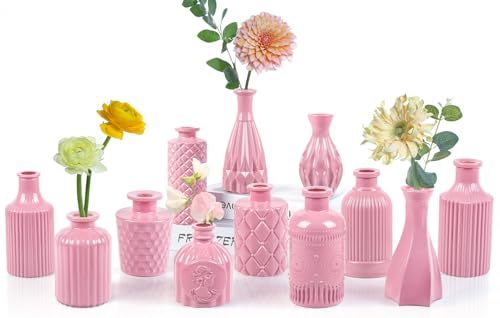 UPBUD Baby Pink Glass Bud Vases Set of 12, Mini Flower Vase for Centerpieces, Small Vases in Bulk for Wedding Decoration, Vintage Vase for Baby Shower Centerpieces, Home Décor - color: Baby Pink, size: 12pcs