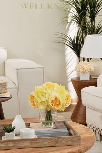 WELL KNOWN Artificial Austin Roses and Hydrangea Petals, 11.5" H Silk Roses Flower Bouquet with Fake Water in Glass Vase, Faux Peony for Home Decor, Table Decor, Weddings, Gift (Yellow) - color: Yellow