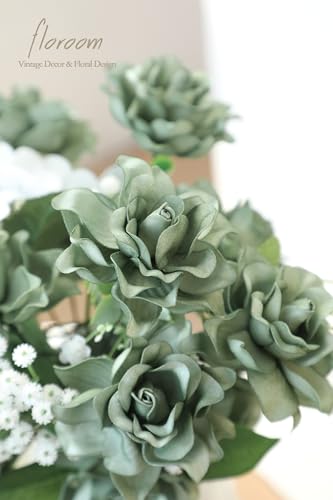 Floroom Artificial Gardenia Flowers 2.7" 25pcs Real Looking Elf Green Foam Fake Flowers with Stems for DIY Wedding Bouquets Bridal Shower Centerpieces Floral Arrangements Party Tables Decorations - color: Elf Green
