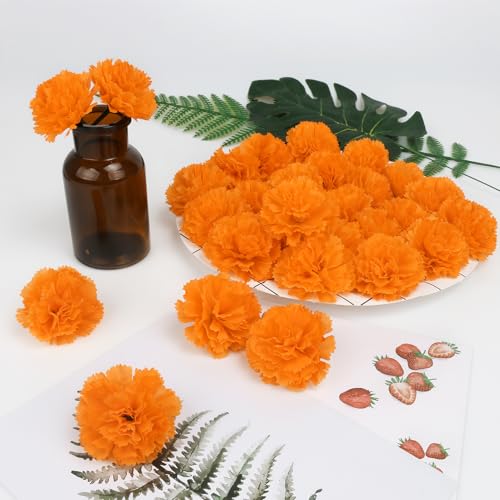 50 Pcs Artificial Marigold Flowers,2" Silk Marigold Flower Heads with Stems,Orange Flowers Artificial for Diwali Decor,Indian Wedding,Home,DIY Wreath Garland,Day of The Dead Decorations - color: Orange-2inch