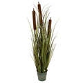 Vickerman 36" Artificial Potted Green Grass with Cattails in Iron Pot. - size: 36"