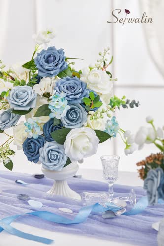 Serwalin Artificial Flowers Blue Fake Silk Foam Wedding Flowers for Bridal Bouquet White Roses with Stems for Home Party Decoration Faux Flower Table Centerpieces Arrangements for Baby Shower - color: A Blue & White, size: 1 Box