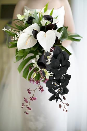 6PCS 41in Artificial Orchid Flowers Faux Orchid Velvet Silk Orchids That Look Real Long Stem Artificial Flowers for Tall Vase for Halloween Home Party Décor (Black) - color: Black