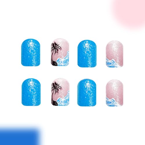 Summer Press on Nails Short Square Fake Nails Press Ons Sea Blue with Nude Coco Designs Glossy Full Cover Glue on Nails Artificial Stick on Nails for Women Girls Manicure 24 Pcs - color: Flower Square37