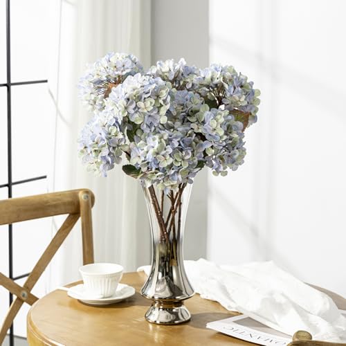 Artificial Flower Fake Silk Hydrangea Heads Bouquet with Stems Bulk for Fall Decoration Table Center Christmas Indoor Outdoor Faux Floral Realistic with Leaves Plants Crafts 8PCS(Blue) - color: Blue