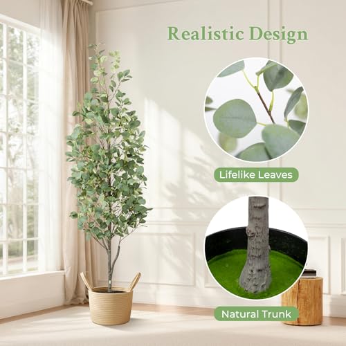 6FT Artificial Eucalyptus Tree with Wicker Basket & Black Pot, Indoor Green Faux Eucalyptus Trees, Fake Eucalyptus Plants with Lifelike Leaves & Natural Trunk for Home Office Bedroom, 1 Pack - color: Eucalyptus Green (Basket), size: 6ft
