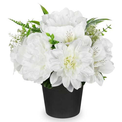 GnFlus White Artificial Flowers Small Fake Flowers in Vase Peonies Dahlia Tiger Lily Potted Silk Flower Arrangements Faux Plants & Flowers Home Bathroom Kitchen Table Centerpieces Desk Decor - color: White