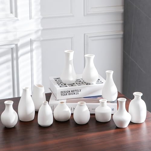 White Ceramic Bud Vase Set of 12 DIY Matte Flower Vases | Modern mini ceramic vases for home decor, wedding centerpieces, farmhouse shelves, mantel display and creative DIY styling - color: White - 12 Pcs