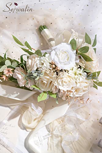 Serwalin 9.8 Inch Wedding Bouquets for Bride Bridesmaid, Champagne Rose Bridal Bouquets for Bride, Wedding Flowers Bouquet Tossing Bouquet, Wedding Ceremony and Anniversary Day Decoration - color: Adorable Champagne