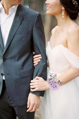 Purple Corsage for Wedding Bridesmaid Mother Grandmother, Set of 6 Prom Artificial Flower Corsage Wristlet Wristband for Women Girls Hand Flowers for Homecoming Ceremony Anniversary Suit - color: Purple