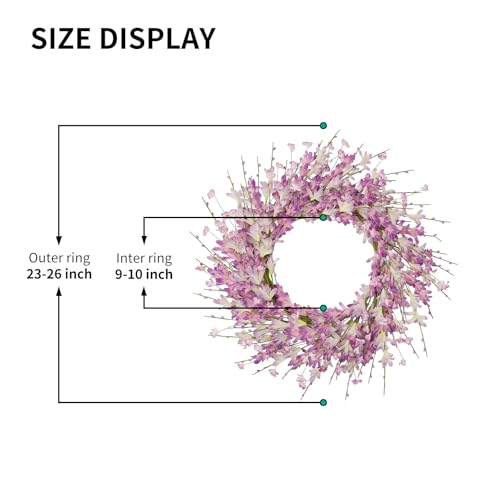 24 Inch Artificial Purple Forsythia Flower Wreath, Lavender Silk & Paper Bridal Floral Wreath for Front Door, Romantic Spring Summer Decor, Elegant All Season Farmhouse Porch Wall Decoration - color: Purple