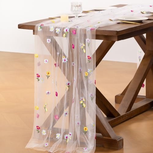 Socomi Flower Table Runner Summer Daisy Floral Tulle Gauze Cheesecloth Embroidery Table Runners for Tea Party Garden Wedding Bridal Baby Shower Birthday Picnic Decor Ivory White 3pcs - color: Flower Ivory, size: 10ft X 3pcs