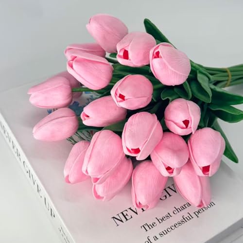 20 Pcs Tulips Artificial Flowers, 13.5'' Real Touch PU Fake Flowers Bouquet for Home Party, Spring Wedding Floral Arrangement, Valentine's, Easter and Mother's Day Decor (Light Pink) - color: Light Pink