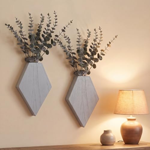 Chunful Wooden Wall Planter Decor Hanging Fake Plants Greenery Flowers Holder Vase Boxes for Wall Farmhouse Bohemian Living Room Bedroom Kitchen Office Indoor Decoration (Light Gray,2 Pcs) - color: Light Gray, size: 7.1 x 4.7 x 1.2 inches