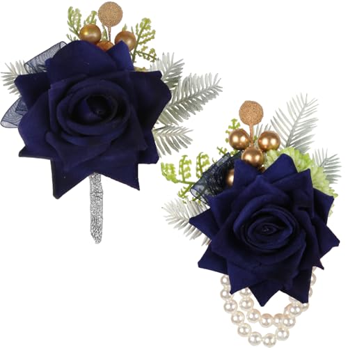 2Pcs Blue Corsage and Boutonniere Set, Artificial Rose Bridesmaid Bride Corsage and Groom Men Boutonniere Set for Prom Decor for Men Wedding Party Suit Decoration (Navy Blue) - color: Navy Blue