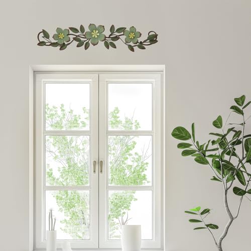 Wesiti Metal Flower Wall Decor Vintage Metal Flower Wrought Iron Scroll Sculpture 15.7''x3.7'' Not 3D, Flat Farmhouse Leaf Wall Decor with Nails for Summer Bedroom Kitchen Indoor Outdoor(Green) - color: Green
