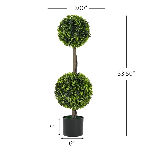 Christopher Knight Home Alene Set of 2 34''H Pre-Potted Artificial Tree Indoor, Artificial Topiary Boxwood Tree Double Ball with Pot, Faux Tree with Natural Wood Trunk with Black Plastic Pot, Green - color: Green/34''h