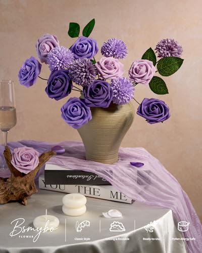 BSMYBO Purple Flower Artificial Roses Faux Flowers with Stems Mix Fake Roses Dahlia Chrysanthemum Ball for Wedding Bridal Bouquets, Table Centerpieces, Baby Shower, Party, Home Decorations - color: Dark Purple, size: PureBlooms
