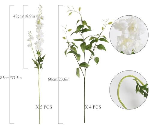 IPOPU White Flowers Artificial Delphinium 9PCS with Clematis Greenery for Wedding & Home Decor - color: White