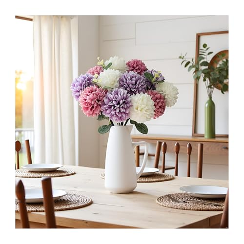 Artificial Silk Chrysanthemums with Eucalyptus, 12" Faux Mums | 12 Stems (Purple, White, Fuchsia) + 3 Eucalyptus, Plastic Stems Bendable, for Home Table Wedding Party Office Decor - size: 15pcs