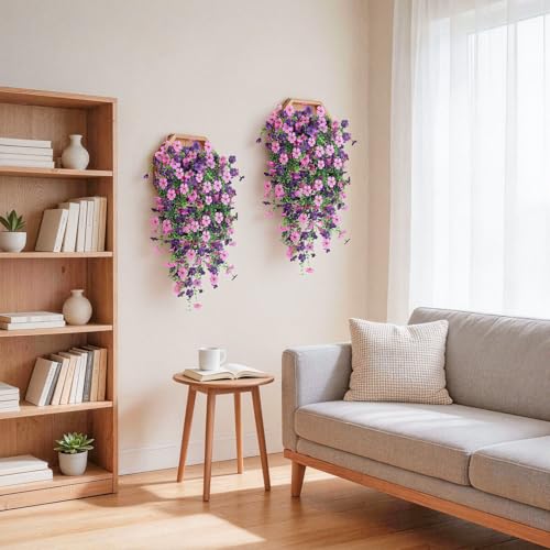 Artificial Hanging Flowers for Outdoors, 6PCS Faux Silk Artificial Flowers for Outdoors, UV Resistant Fake Flowers, No Fade Trailing Greenery, Decor for Home Porch Patio Balcony Garden Yard - color: Double Purple