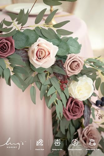 Ling's moment 9FT Eucalyptus and Willow Leaf Garland with White Flower, Handcrafted Wedding Sweetheart Table Centerpieces Head Table Decor Arch Backdrop Decorations for Wedding | Dusty Rose & Mauve - color: Pk-dusty Rose & Mauve
