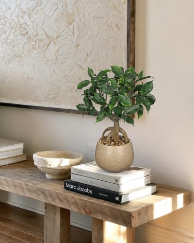 Artificial Bonsai Tree Fake Small Ficus Plant with Ceramic Pot Indoor Plant | 13.7" Faux Plants Indoor Small Artificial Plants in Pots Fake Potted Desk Plant for Bathroom Office Table Shelf Zen Decor - color: Green Ficus&brown Speckled Matte Pot