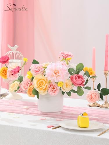 Serwalin Artificial Pink Yellow Flowers, Silk Fake Flowers for DIY Wedding Bridal Bouquets, Wedding Cake Flowers for Table Centerpieces Baby Shower Birthday Party Home Decorations - color: Angelic Pink & Yellow, size: Square