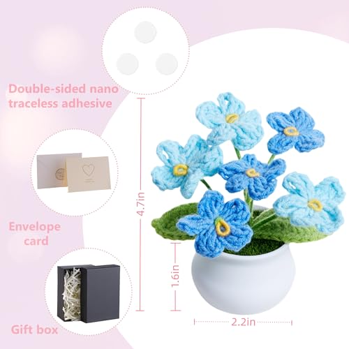 Crochet Flowers Cute Handmade Knitted Potted Gradient Blue Forget Me Not Flower Gifts for Women Teacher Coworkers Thank You Appreciation Gift, Decor for Home Room Dorm Office Desk Accessories - color: Gradient Blue