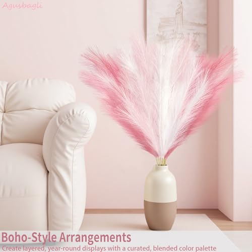 Agusbagli 8 Pcs Pink Faux Pampas Grass Decor 35“ Fluffy Tall Artificial Colored Pampas Grass Large Fake Pompous Grass Stems Blush Flower Arrangement Floor Vase Filler for Home Wedding Boho Decor - color: Pink & White & Light Pink