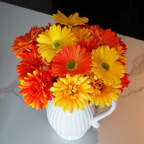 16Pcs Artificial Flowers Colorful Gerbera Daisies Bouquets with Vibrant Color Daisy Lifelike Flowers Arrangements for Home Wedding Table Center Decor,Cemetery Grave Decor(Orange+Yellow+Red) - color: Orange