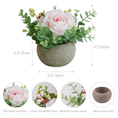 Small Artificial Light Pink Rose Potted Plant, 6" Fake Silk Flowers in 3.5" Round Pot, Mini Faux Floral Arrangement for Desk Shelf Bathroom Decor - color: Light Pink