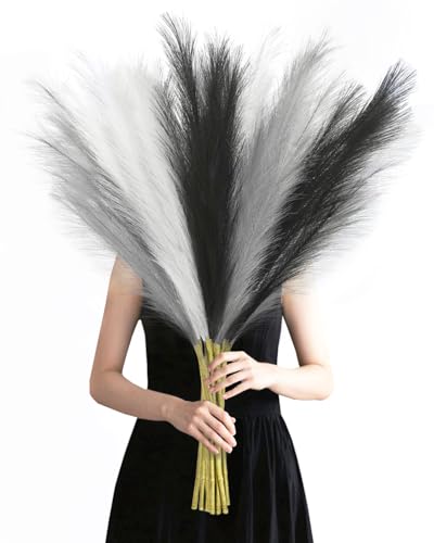 Agusbagli 8 Pcs Black Faux Pampas Grass Decor 35“ Fluffy Tall Artificial Colored Pampas Grass Large Fake Pompous Grass Stems White Flower Arrangement Floor Vase Filler for Home Wedding Boho Decor - color: Black & White & Grey