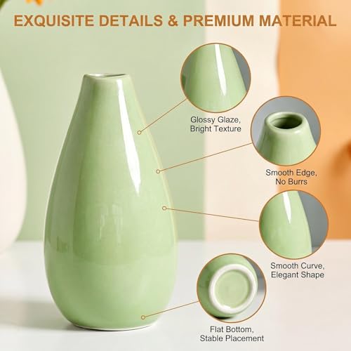 10.5cm/4.1 inch Tall Ceramic Bud Vase Mini Single Stem Small Flower Vase Small Mouth Floral Vases Decorative Shelf Centerpieces Floral Holder for Home Office Decor (Green) - color: Green