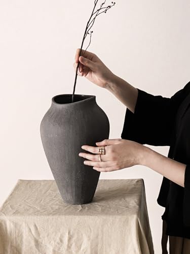 Ceramic Vase - Large 11.8 Inch Tall Floor Vase for Centerpieces, Farmhouse Flower Vases, Rustic Minimalist Home Decor for Living Room, Enterway, Wedding (Sandstone Dark Gray) - color: 11.8 Inch-sandstone Dark Gray