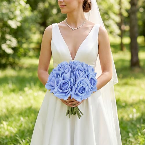IPOPU 2 Bouquets Blue Roses Artificial Flowers 10PCS Real Touch Faux Flowers Realistic Fake Roses with Stems for Wedding Party Home Table Centerpieces Decoration (Blue) - color: Blue