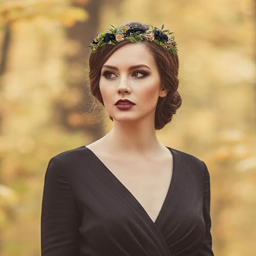 Black Flower Crown Headband, Fairy Dark Floral Headpiece with Gold Leaf, Woodland Elf Gothic Flower Headband for Women Girls Renaissance Renfaire Fantasy Cosplay Party Hair Accessories - color: Black