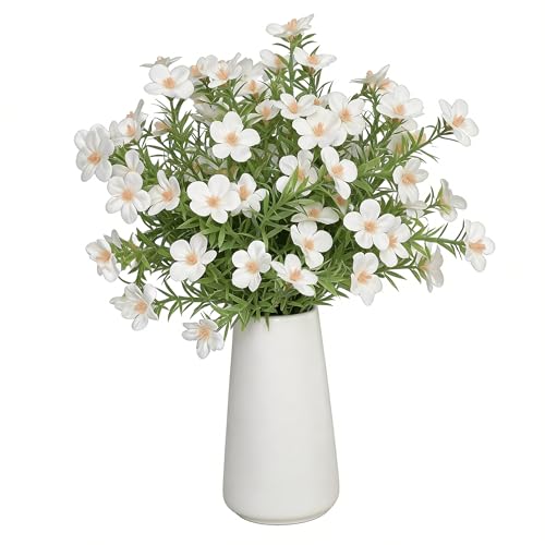 Artificial White Gypsophila Baby's Breath Flower Arrangement in Ceramic Vase – 6 Inch White Vase, Faux Cosmos Bouquet for Home Decor, Table Centerpiece, Office & Farmhouse Décor - color: White