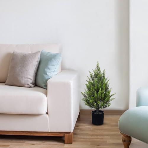 Briful 17.7'' Artificial Cedar Topiary Tree in Black Pot – Set of 2 Lifelike Evergreen Faux Plant for Outdoor Indoor Home, UV Resistant, Potted Fake Cypress Shrub for Farmhouse Living Room Décor