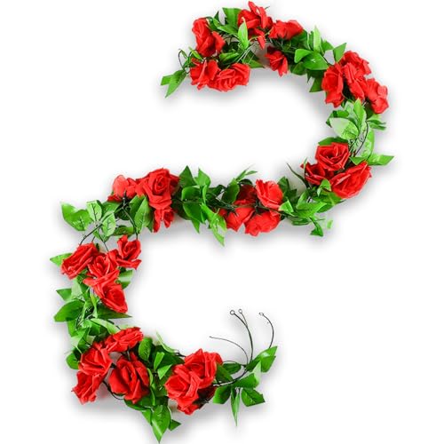 4Pcs Artificial Rose Vines Fake Flowers Garland with Green Leaves Faux Hanging Floral Plants for Bedroom Garden Patio Decor,Christmas Wedding Anniversary Birthday Party Decoration (Red) - color: Red, size: 4Pcs-large rose
