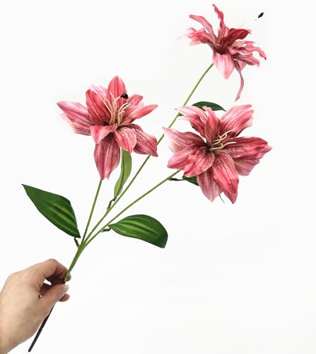 Artificial Lily Flowers, Vintage Silk Flower Long Stems Stargazer Lilies Full Bloom Lily Faux Plant Tiger Bouquets for Home Decor Indoor Hotel Wedding Party Fake Floral Arrangement - Coral Pink 4 Pack - color: Lily Flowers - Red 4 Pcs