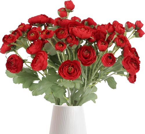 Silk Ranunculus Artificial Flowers 5PCS Long Stem Red Fake Peonies 21.65" Real Look Faux Ranunculus Flowers for Floral Arrangements Home Wedding Party Festival Decor (Red) - color: Red
