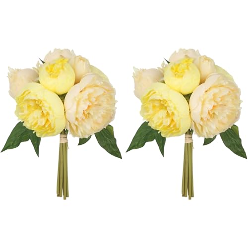 Yellow Peonies Silk Flowers 2 Bouquets Fake Peonies 14 Heads Faux Peony Flowers with Stems for Wedding Decoration Bride Bouquet Faux Flowers Crafts Floral Arrangement (Yellow) - color: Yellow