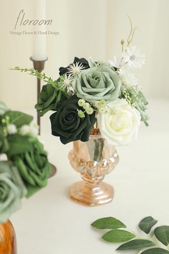 Floroom Artificial Flowers 25pcs Real Looking Forest Green Ombre Colors Foam Fake Roses with Stems for DIY Wedding Bouquets Bridal Shower Centerpieces Sage Green Floral Arrangements Decorations - color: Shades of Forest