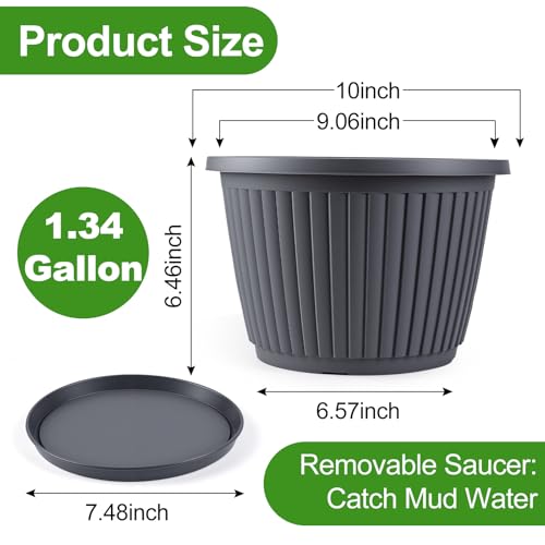 10-inch-Planters-for-Outdoor-Plant，Plastic Indoor Flower Pots with Drainage Holes & Saucer, 4 Packs Decorative Garden Pots for Plant for Home Porch Decor - color: Gray, size: 10 inch-4 Pack