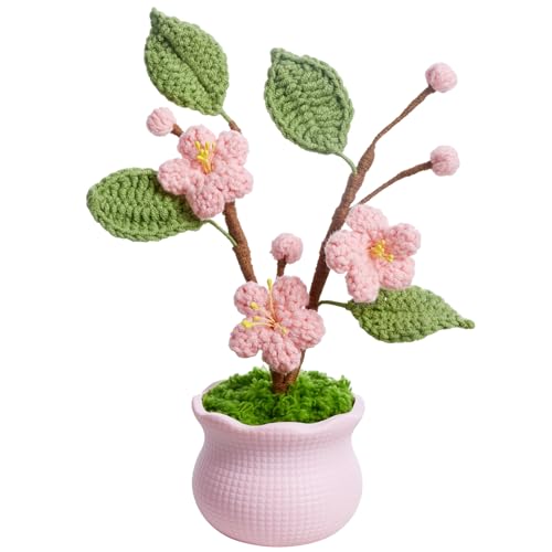 Knitting Crochet Flowers Potted Flower, Fake Forget Me Not Flowers Gift for Teacher, Friend, Family and Lover, Cute Decor for Room, Car Dashboard, Home Office Decoration(Pink Peach Blossom) - color: Pink Peach Blossom