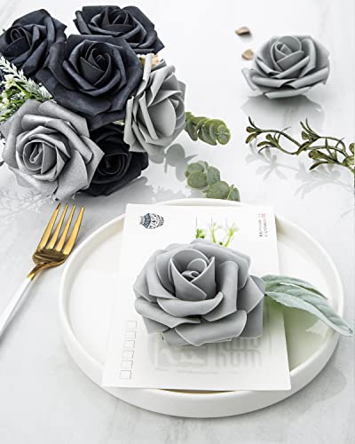 DuHouse 25Pcs Artificial Roses Flowers Fake Roses with Stems Real Touch Foam Flowers for DIY Wedding Bouquet Centerpiece Floral Arrangement Party Home Decor(Grey) - color: Grey, size: 25pcs